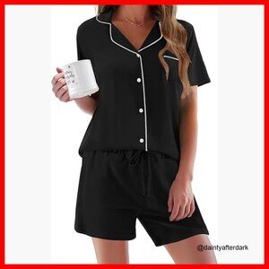 Short Sleeve Button Down Pajama Set 95% Rayon 5% Spandex Lounge Wear